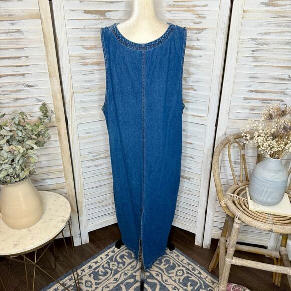 VINTAGE EXPRESSIONS Women's PLUS 1X Y2K Denim Sleeveless Maxi Jean Dress Pockets - Picture 12 of 14
